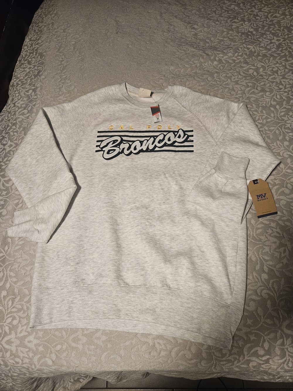 MV Sport Broncos Crewneck Sweatshirt in Heather Gray with Navy and Gold Graphic